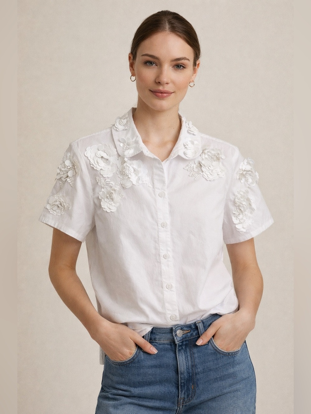 J.Crew Collection romantic Sequin Floral Button Down Shirt White Size 12